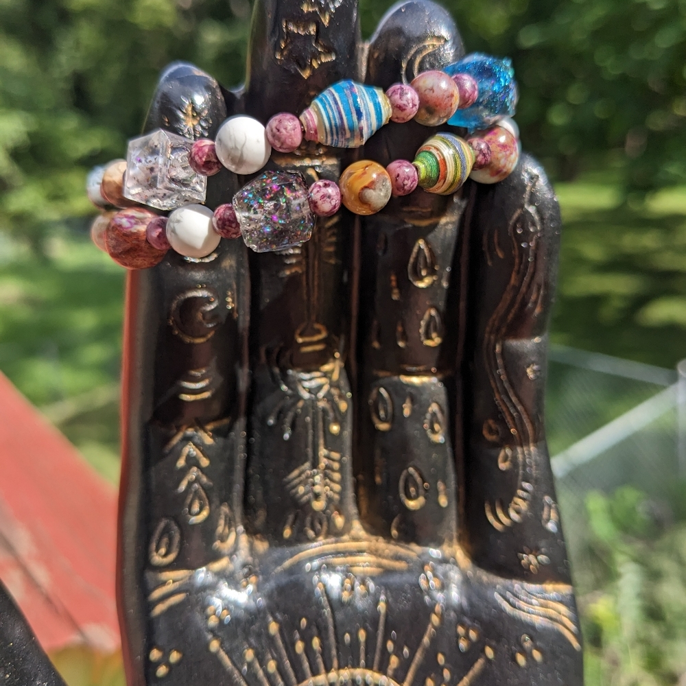 Jasper Energy Bracelet Handmade Colorful Cute Rainbow Upcycled Paper Beads - Picture 12 of 13